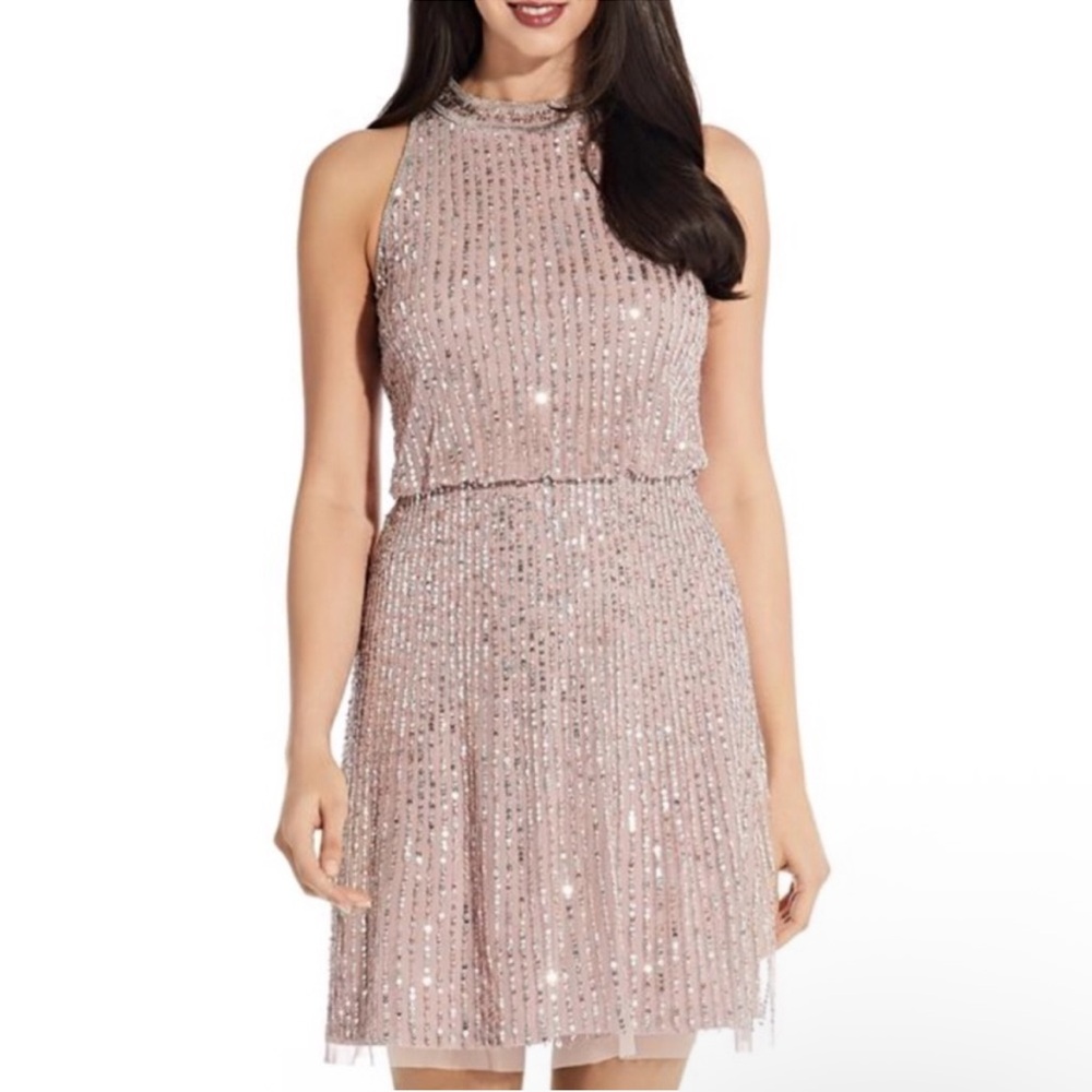 Adrianna Papell Beaded Blouson Halter Dress